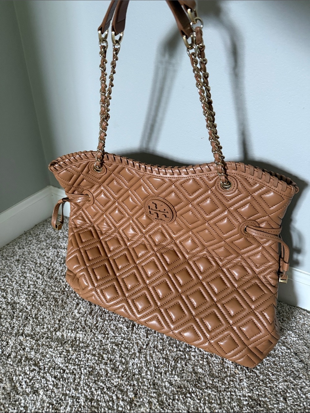 Tory Burch Quilted Leather Tote in Saddle Brown